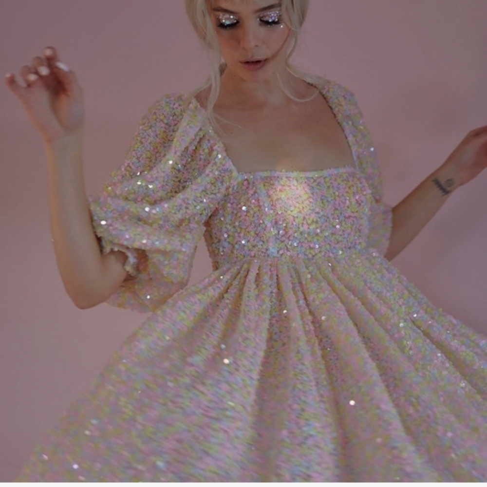 Selkie The Rainbow Sparkling Sequin Puff Sleeve Dress - Picture 12 of 16